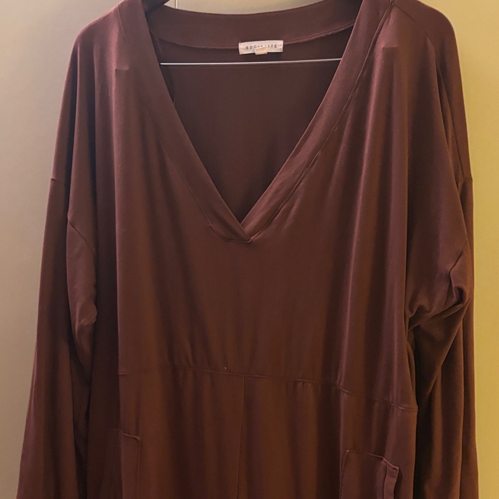 Socialite XL Brown Long V Neck Jumpsuit Comfy Loungewear Neutral Lagenlook - Picture 4 of 11